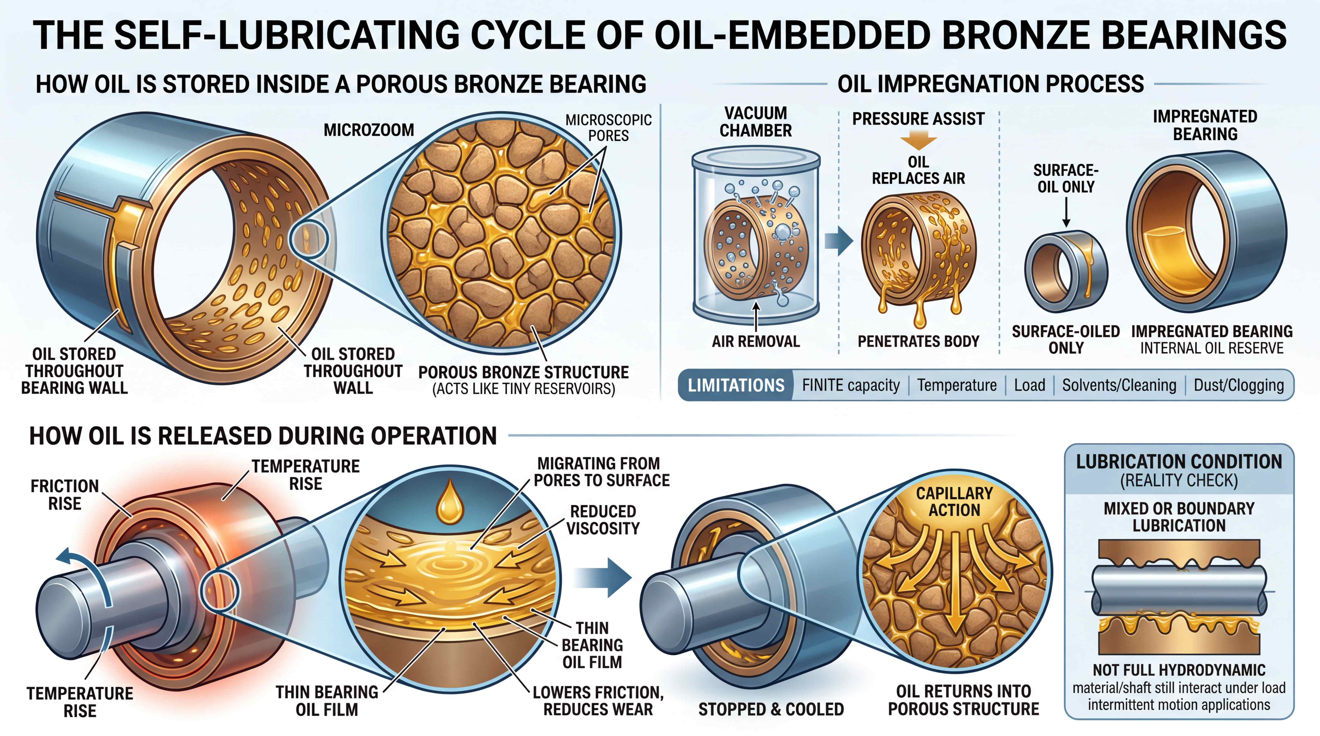 Self-lubricating cycle of oil-embedded bronze bearings showing oil storage in porous bronze, vacuum impregnation, oil release during operation, and capillary return after cooling